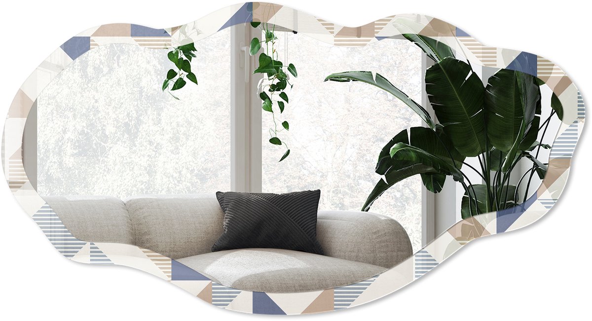Wallfluent Geometrische Lijnen Spiegel - Beige Moderne Rechthoekige Wandspiegel - Organische Spiegel - Woonkamer, Kantoor, Slaapkamer - Geometrisch - 45x90 cm - Totale afmeting 52x97 cm