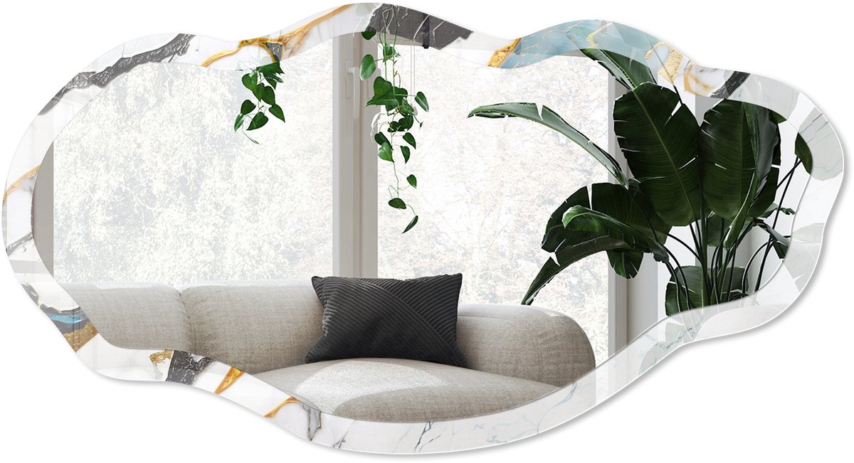 Wallfluent Marmeren Accent Spiegel - Wit Stijlvolle Wandspiegel - Organische Spiegel - Woonkamer, Badkamer, Kantoor - Abstract - 45x90 cm - Totale afmeting 52x97 cm