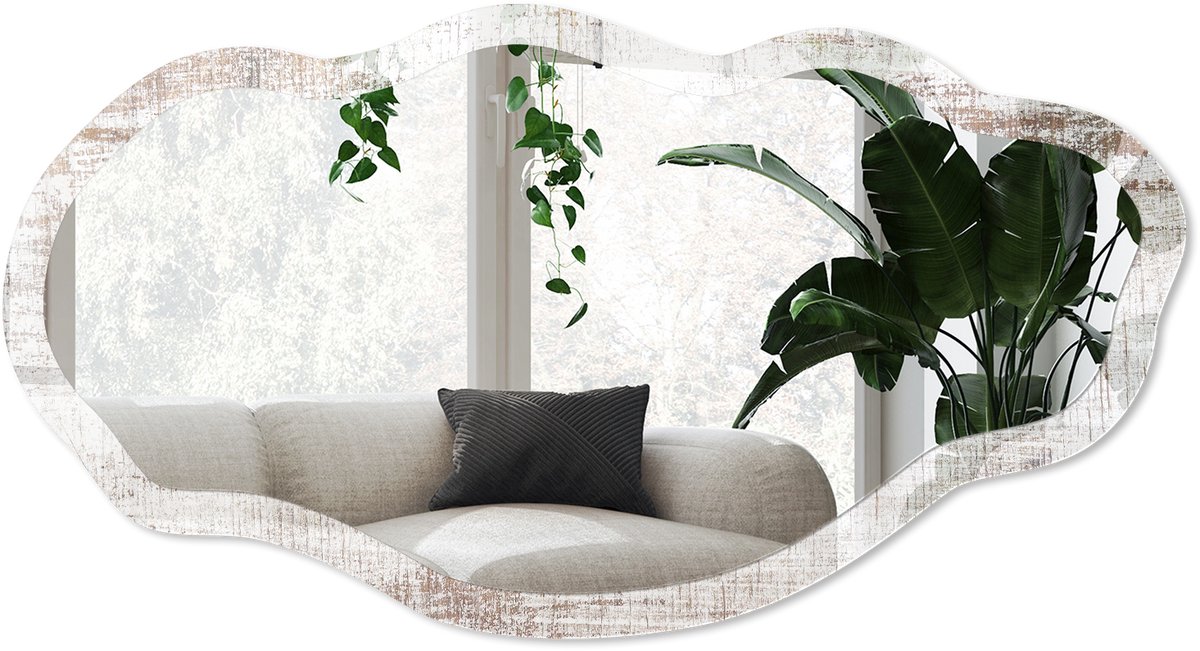 Wallfluent Gezaagd Hout Spiegel - Wit Strakke Rechthoekige Spiegel - Organische Spiegel - Woonkamer - Rustiek - 45x90 cm - Totale afmeting 52x97 cm
