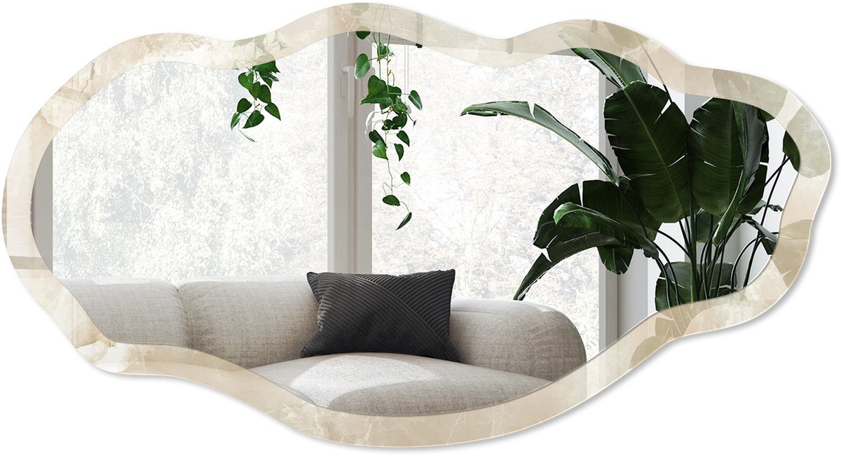 Wallfluent Beige Marmer Spiegel - Beige Strakke Rechthoekige Spiegel - Organische Spiegel - Woonkamer - Klassiek - 45x90 cm - Totale afmeting 52x97 cm