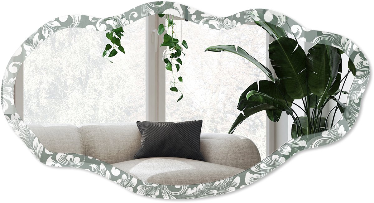 Wallfluent Plantenornament Spiegel - Grijs Rechthoekige Spiegel Voor Interieur - Organische Spiegel - Woonkamer, Hal, Slaapkamer - Klassiek - 45x90 cm - Totale afmeting 52x97 cm