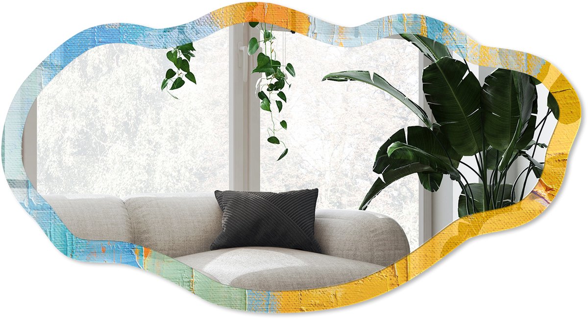Wallfluent De Energie Van Kleur Spiegel - Geel Stijlvolle Wandspiegel - Organische Spiegel - Woonkamer - Abstract - 45x90 cm - Totale afmeting 52x97 cm