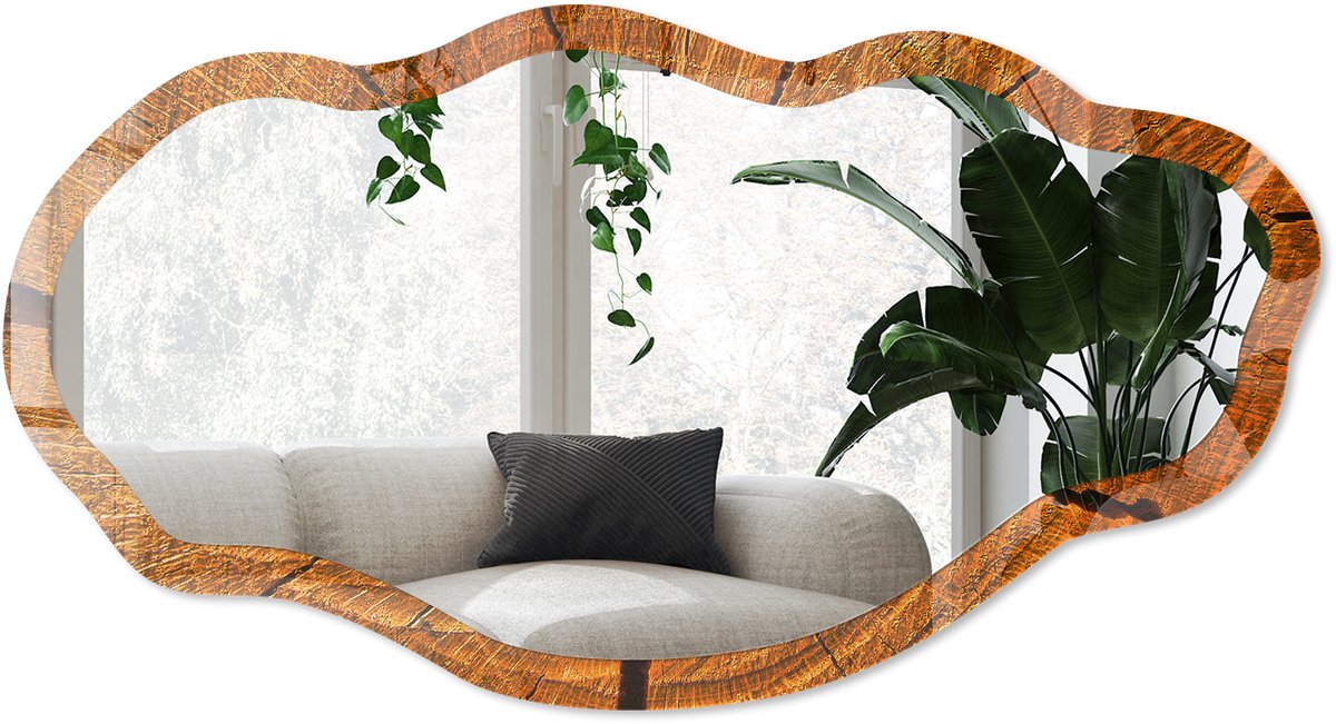 Wallfluent Houten Constructie Spiegel - Bruin Moderne Rechthoekige Wandspiegel - Organische Spiegel - Woonkamer, Kantoor, Slaapkamer - Rustiek - 45x90 cm - Totale afmeting 52x97 cm