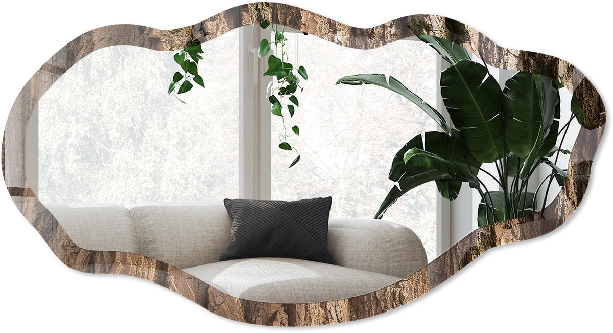 Wallfluent Houtstructuur Spiegel - Bruin Moderne Rechthoekige Wandspiegel - Organische Spiegel - Woonkamer, Kantoor, Slaapkamer - Rustiek - 45x90 cm - Totale afmeting 52x97 cm