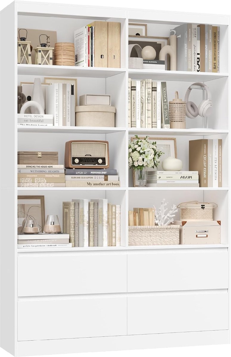 Home & Beyond® Boekenkast met Lades - Opbergkast met 8 Vakken - Voor Woonkamer of Kantoor - Wit - 120x30x180 cm