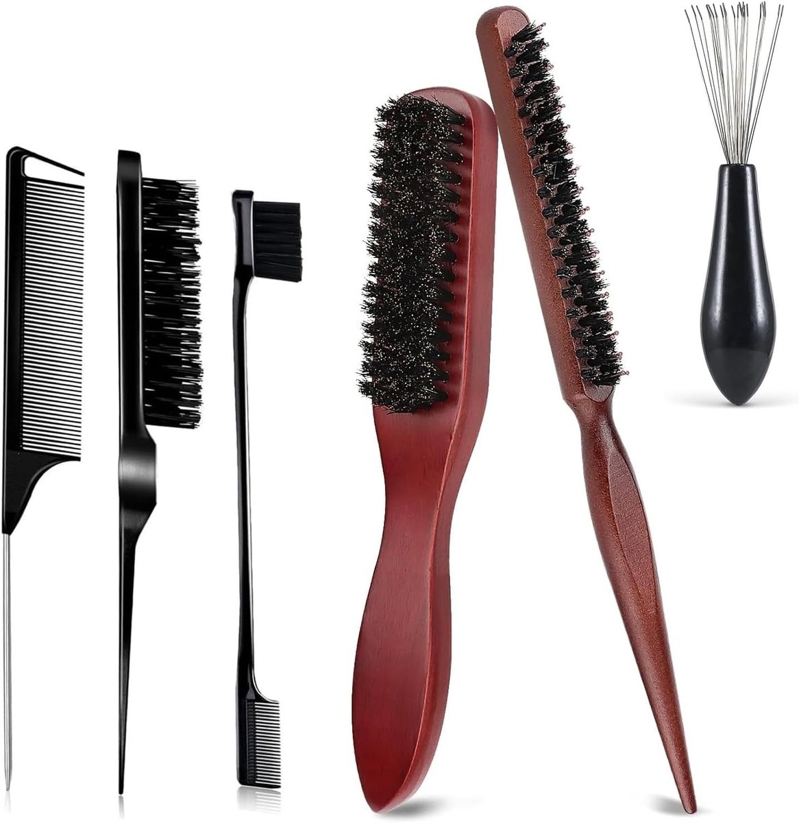 Set van Luxe Varkensharen Borstels - Slimme Bun Borstel, Teasing Borstel, Drill Borstel & Baardborstel voor Mannen - Zachte Natuurlijke Haren voor Haar- en Baardstyling, Professionele Kapperskwaliteit