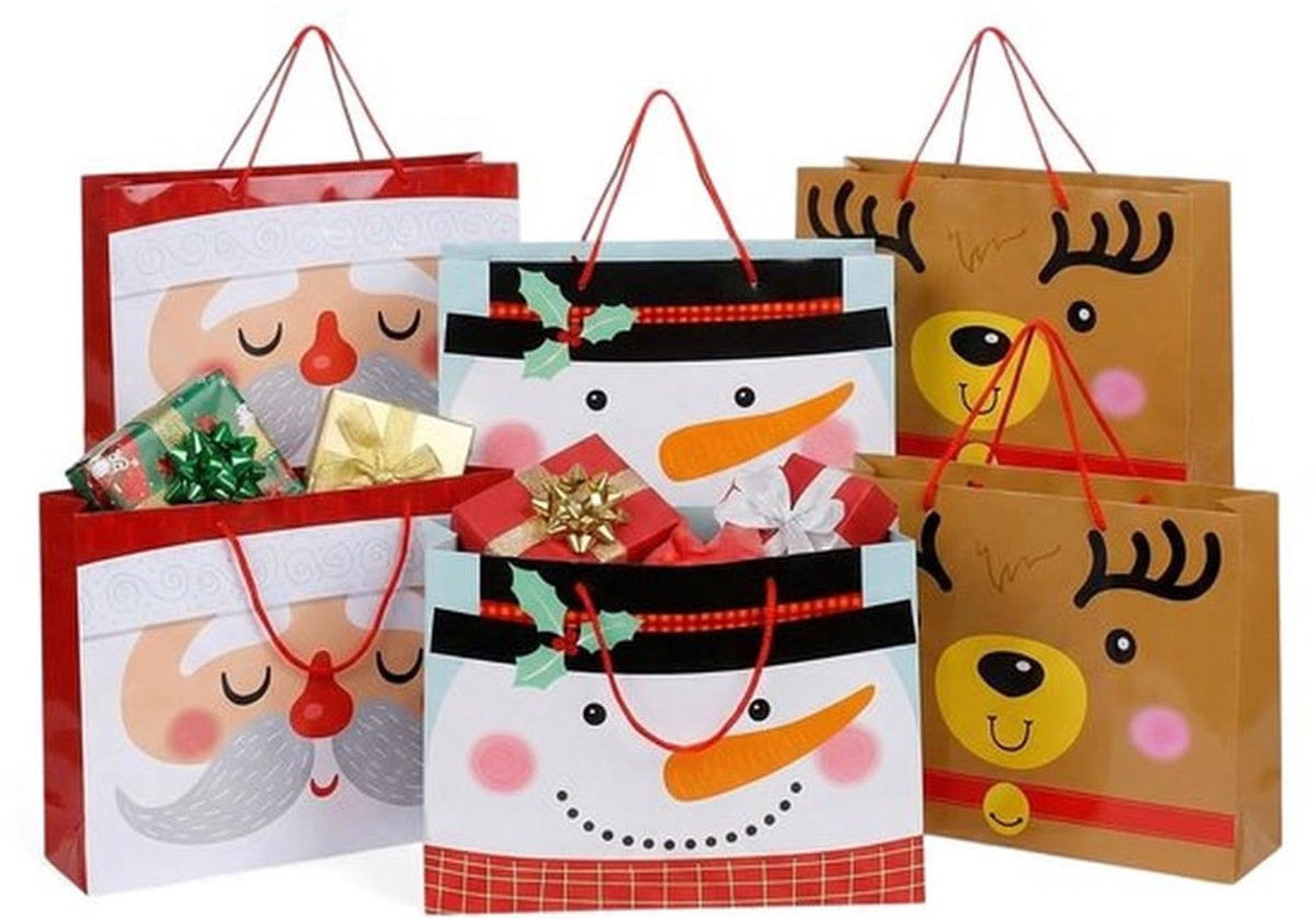 Kerstcadeautas set van 6 - Feestelijke geschenkverpakking - Robuuste papieren zakken - Verschillende designs - 34 x 24 x 8 cm - Kerstmotieven - Cadeauzak