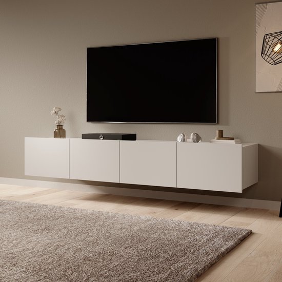 Zwevend TV-meubel Calgary in mat wit met vier deurtjes, een slanke uitstraling en minimale handgrepen.