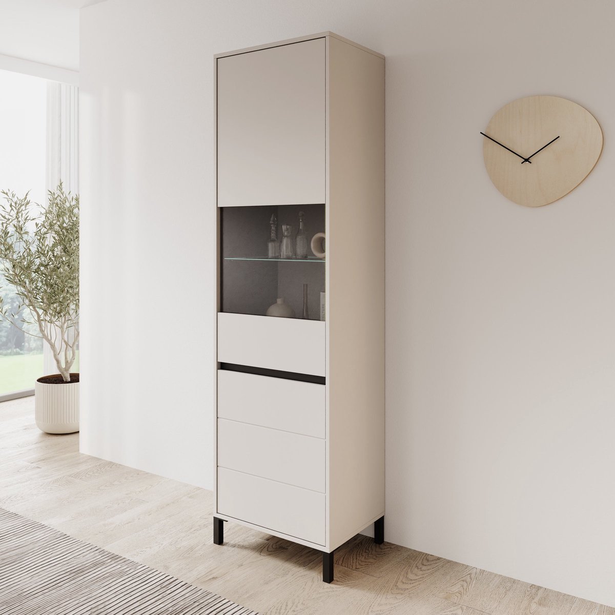 Meubella - Montellini - Vitrinekast - Beige - 55x40x193 cm