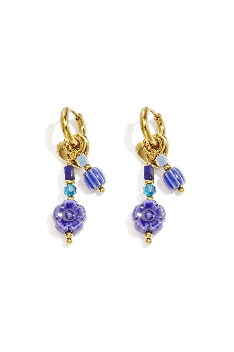 Lila - Bloem & Hart Oorbellen - Blauw - Stainless Steel - - Blauw