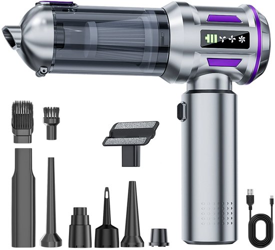 Zilverkleurige handheld stofzuiger met paarse accenten, doorzichtige opvangbak en diverse opzetstukken.