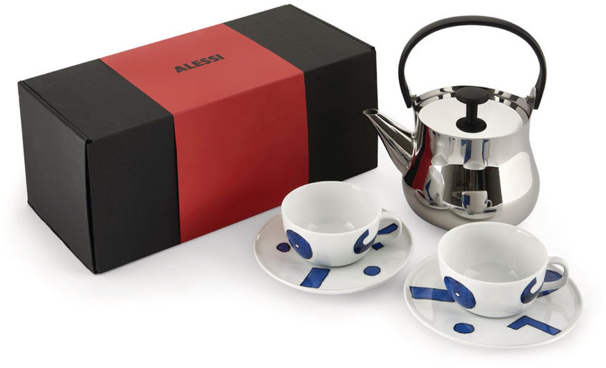 Alessi Cha Theeketel met 2 Theekoppen en Schotels - 900 ml - RVS - Porselein - Inductie