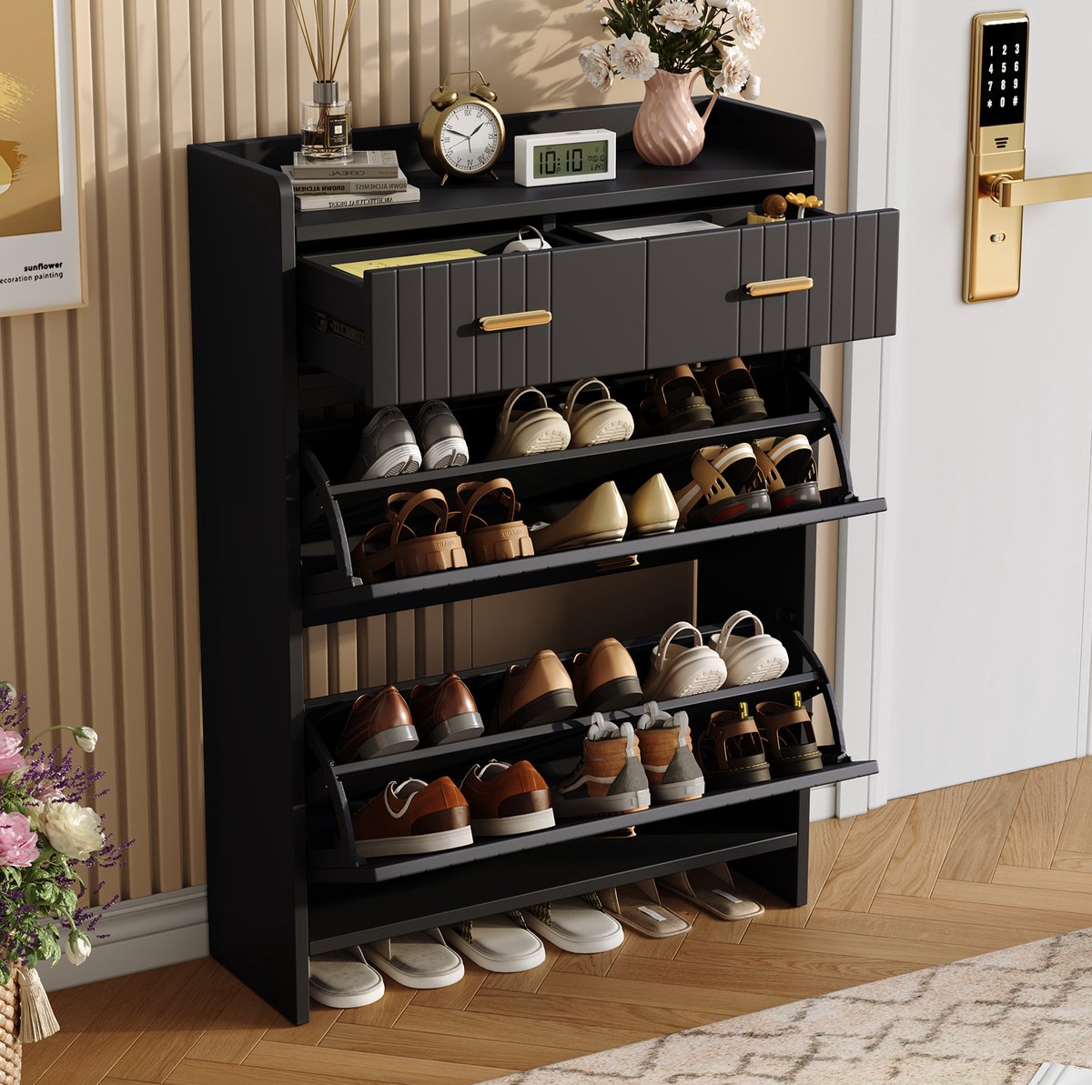 OKWISH Schoenenkast – Kantelvakken En Lade – Smal Voor Hal En Entree – Met Open Ondervak – Spaanplaat Zwart – 75x24x108,5 Cm