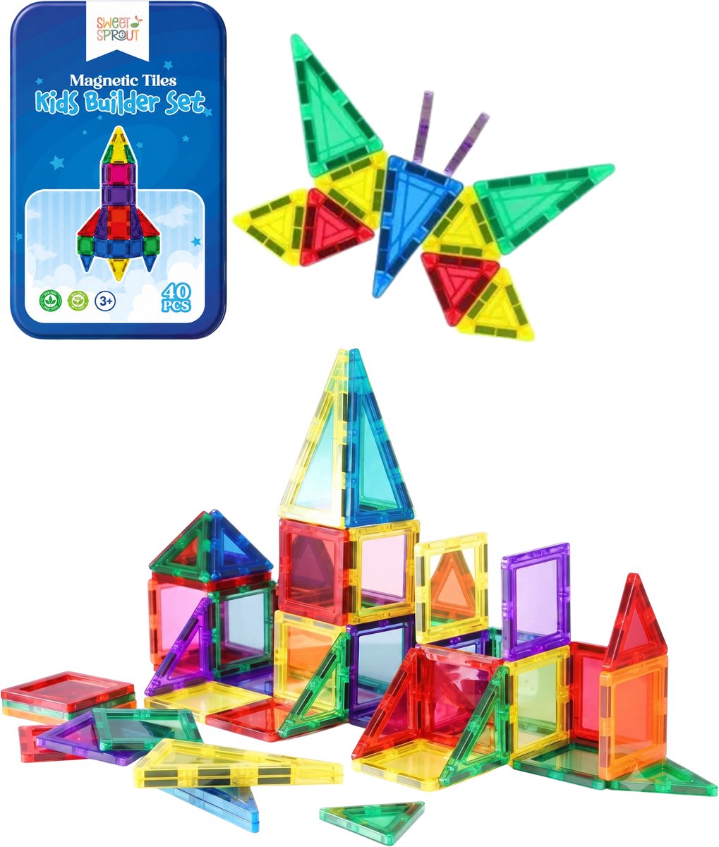 Magnetic Tiles mini - Travel set - 40 stuks - Magnetische tegels - Speelgoed - Magneet tegels - Montessori - Bouwstenen - Constructiespeelgoed - Met 2 Magna poppetjes — cadeau in Spellen & Speelgoed - foto 8