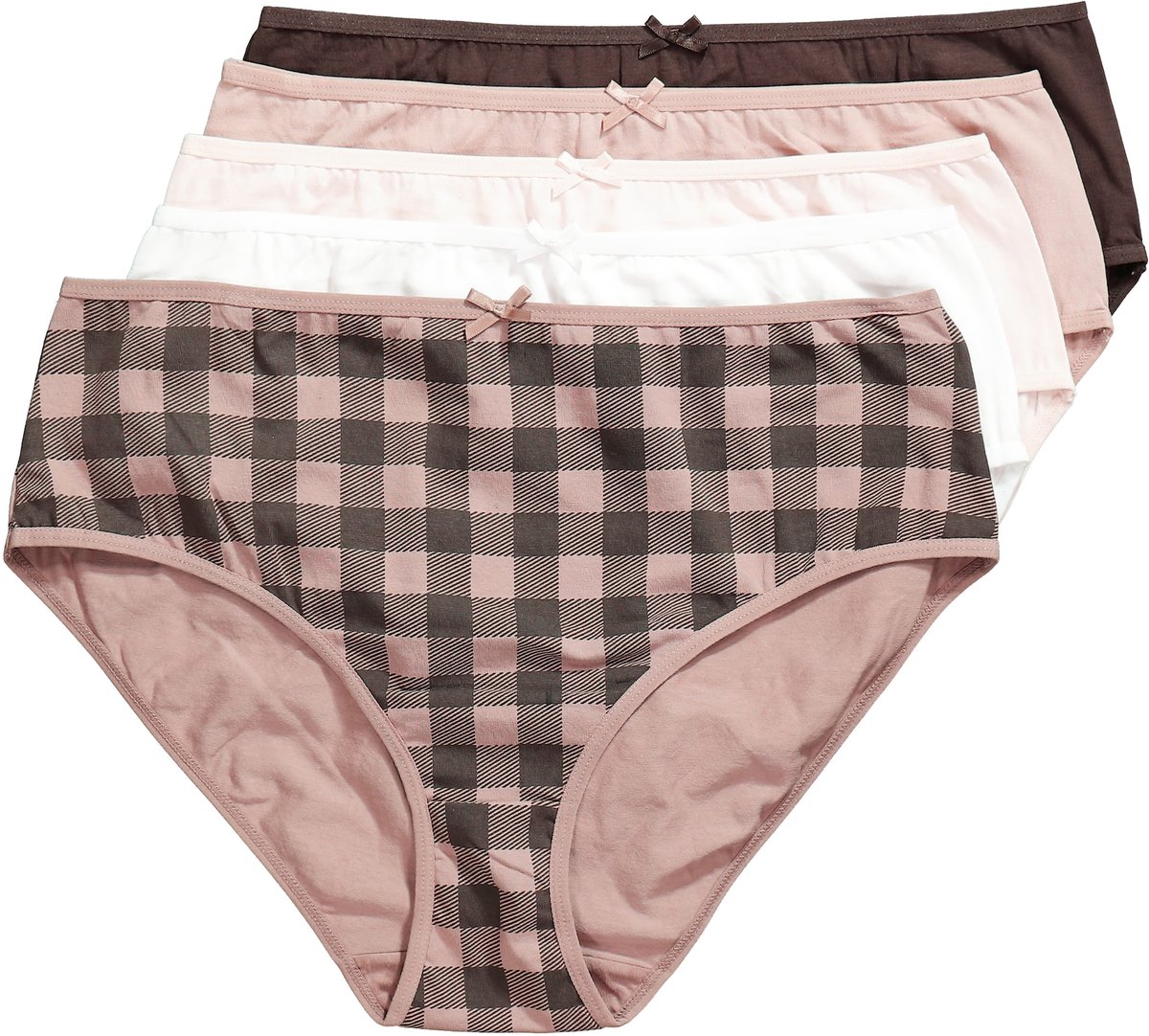 Ulla Popken - Dames - Midislips set van 5 geruit/effen - Taupe - Maat 42+