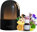 Zwarte aroma diffuser met donkere kap en warme gloed, naast ingrediënten voor de geur Milio Essence: gember, sinaasappel, bergamot en bloemen.