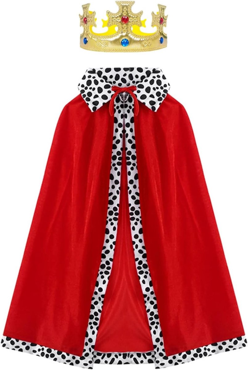 Deluxe Lange Middeleeuwse Koning Kostuum met Rode Cape en Kroon voor Feestjes en Halloween, Kindercarnaval Outfit