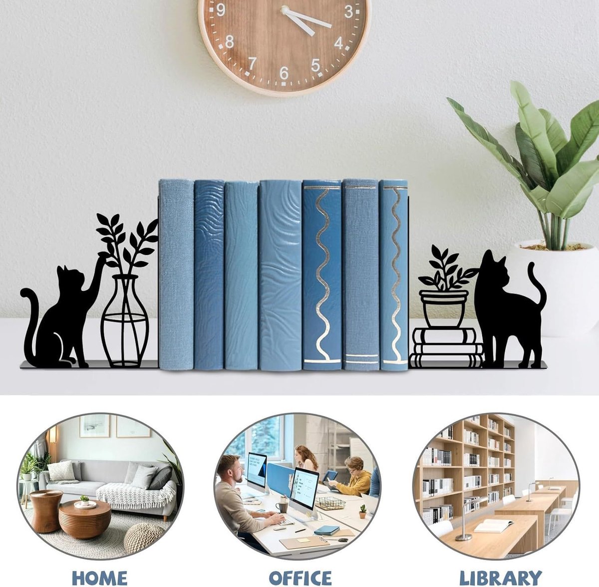 Metallen boekenstandaard met kattenmotief, decoratieve zwarte boekensteun voor zware boeken, antislip T-vorm voor boekenkast, bureau en thuis, cadeau voor boekenliefhebbers
