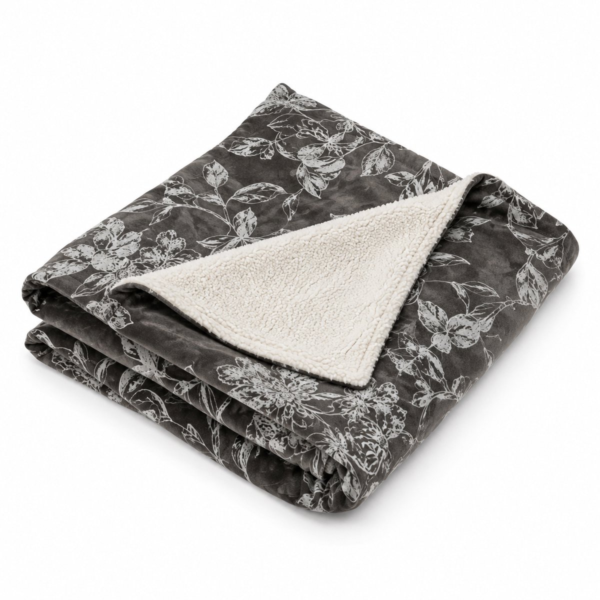 Plaid - sherpa - donkergrijs met wit - plant motief - 120 x 150 cm