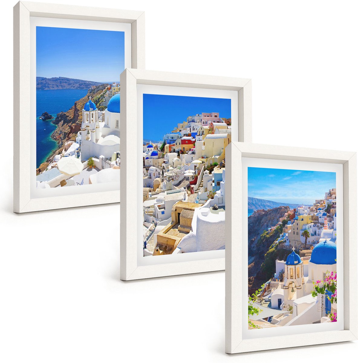 Wallfluent 3-Delige Schilderij Set - Landschapsarchitectuur En Uitzichten Op De Stad Oia Op Santorini, Griekenland - 20 x 30 - Decoratieve Schilderijen - Woonkamer - Interieur - Wanddecoratie