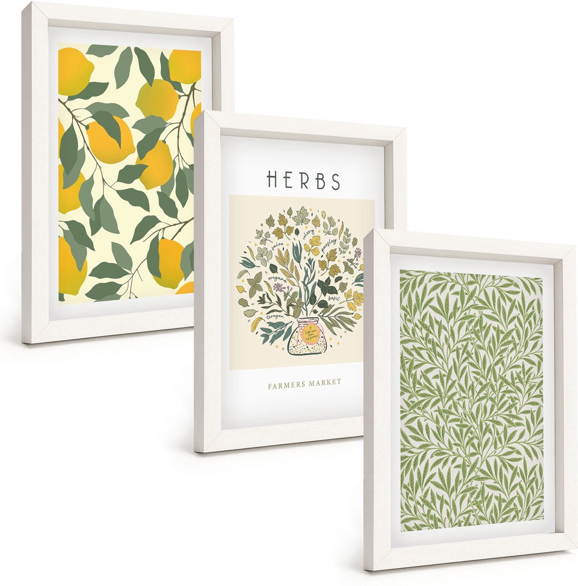 Wallfluent 3-Delige Schilderij Set - Citroenmotieven Met Kruiden En Plantenbladeren - 20 x 30 - Wanddecoratie - Muurdecoratie - Moderne Interieurdecoratie - Stijlvolle Muurdecoratie
