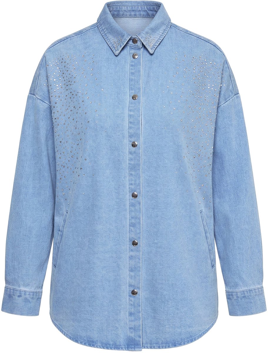 Ulla Popken - Dames - Denim jasje siersteentjes overhemdkraag - Licht blauw denim - Maat 58+