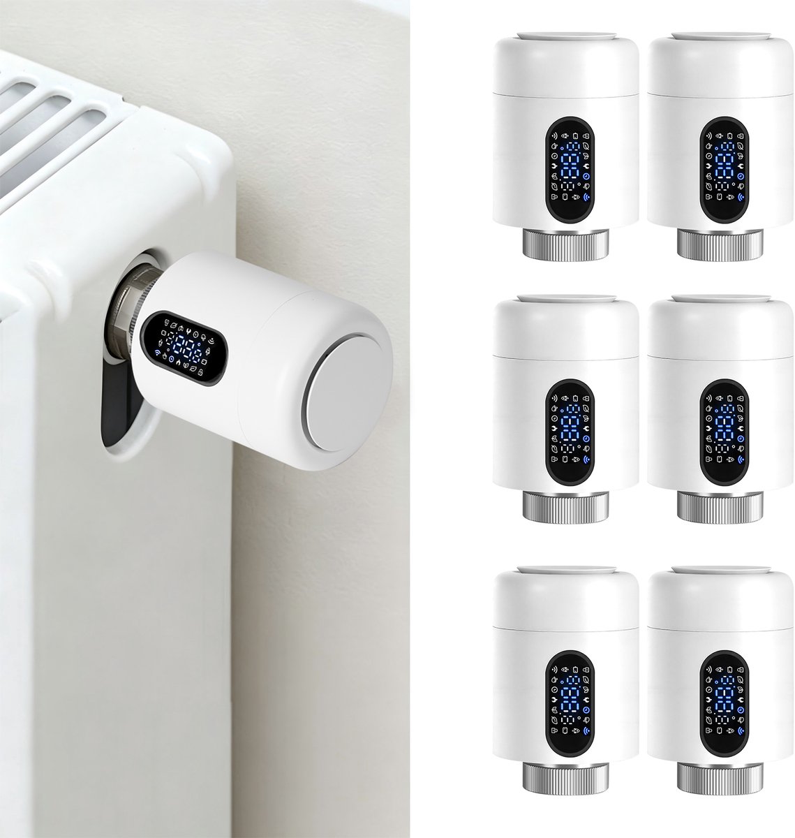 Radiator Thermostaat WiFi – Raamdetectie, Vorstbeveiliging en Kinderslot – Wit – 6-pack
