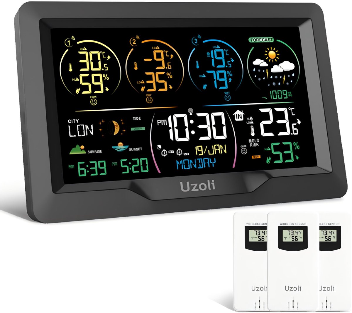Weerstation Draadloos – 3 Buitensensoren – 7,5 Inch Kleurenscherm – DCF Klok – Weersverwachting 12 Uur