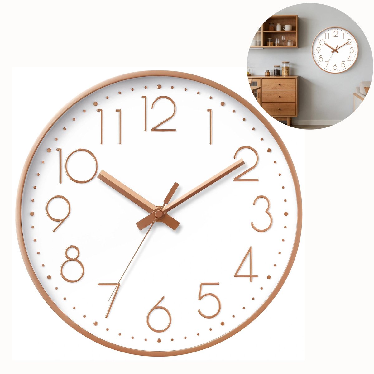 Wandklok 8 Inch – Rosé Goud, Stille Werking, Batterij Gevoed (batterij niet inbegrepen), Moderne Muurdecoratie voor Binnen