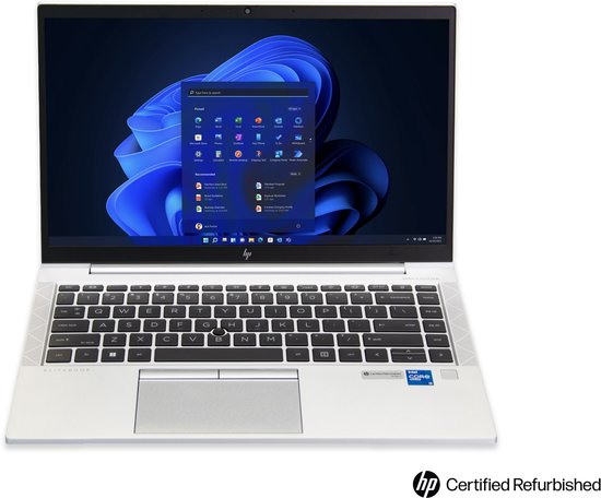 Zilverkleurige HP Elitebook 840 G8 laptop, voorkant, met het "HP Certified Refurbished" logo.