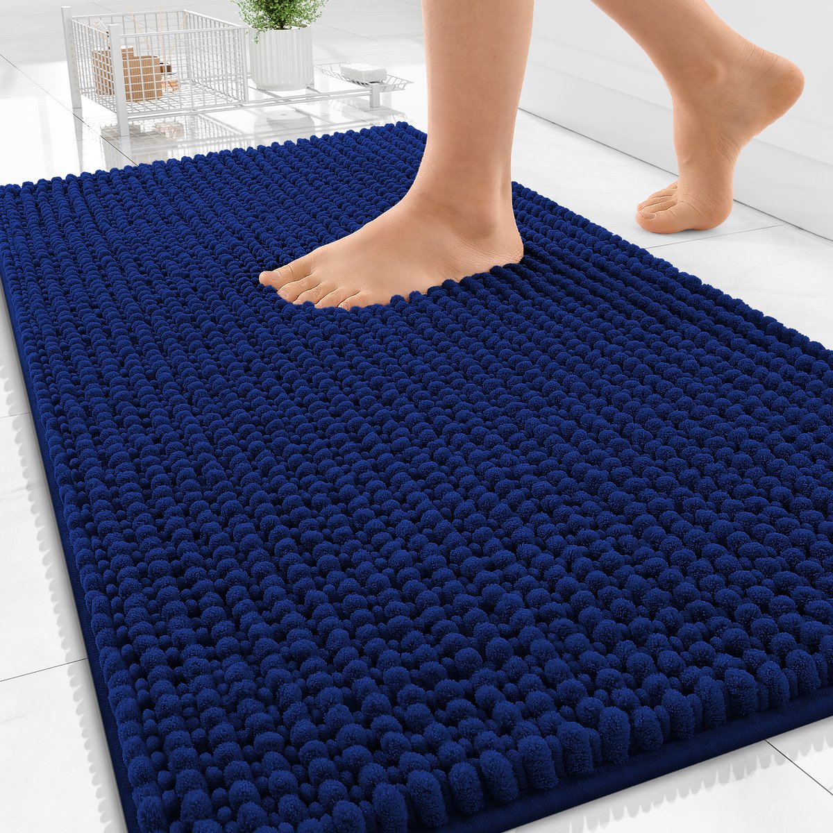 Olanly Badmat Antislip – Chenille Douchemat – Badmat Badkamer – Super Absorberend Deuropmat – Marineblauw – 51X76cm