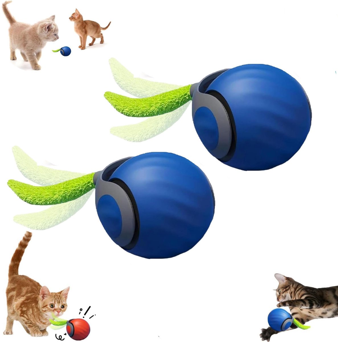 2 stuks Kattenspeelgoed – Slim interactief kattenspeelgoed – Elektrische rollende bal - Speelbal met staart – – Geschikt voor verveelde katten en honden – blauw