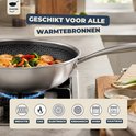 Wokpan met garnalen en groenten op een gasfornuis. 'Geschikt voor alle warmtebronnen': inductie, gas, elektrisch, keramisch, oven, vaatwasser.