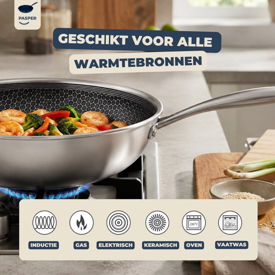 Wokpan met garnalen en groenten op een gasfornuis. 'Geschikt voor alle warmtebronnen': inductie, gas, elektrisch, keramisch, oven, vaatwasser.