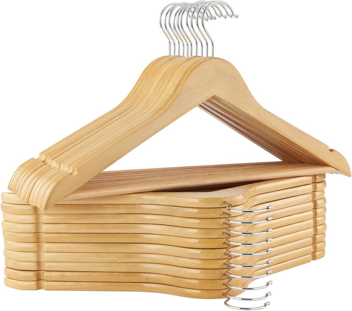 Houten kleerhangers - Natuurlijk hout - 44,5 cm - Massief houten kledinghangers met antislip broekbalk en draaibare haak - Voor pakken en overhemden