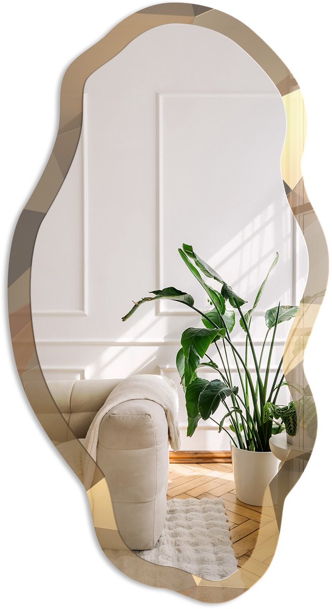 Coloray Geometrische Mozaïek Spiegel - Geel Elegante Rechthoekige Wandspiegel - Organische Spiegel - Woonkamer, Kantoor, Hal - Geometrisch - 45x90 cm - Totale afmeting 52x97 cm