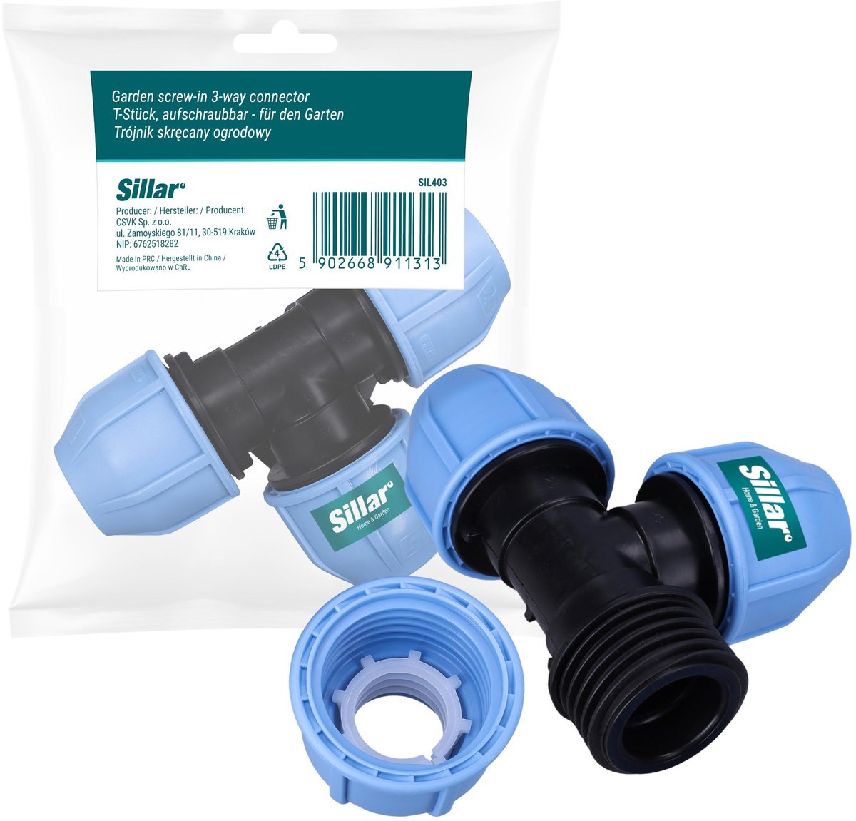 Sillar Koppeling - T-stuk - voor buizen PP/ PE 25 mm - PN16 - voor watersystemen in de tuin, besproeiing - 1stk