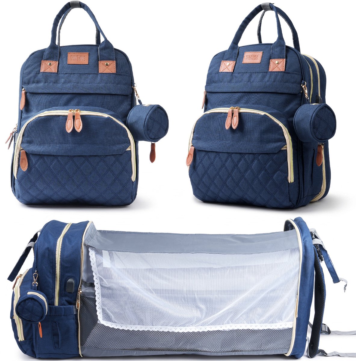 Arvioo - luiertas met babybed - donkerblauw - oxford - usb oplaadpoort - thermische flesvakken