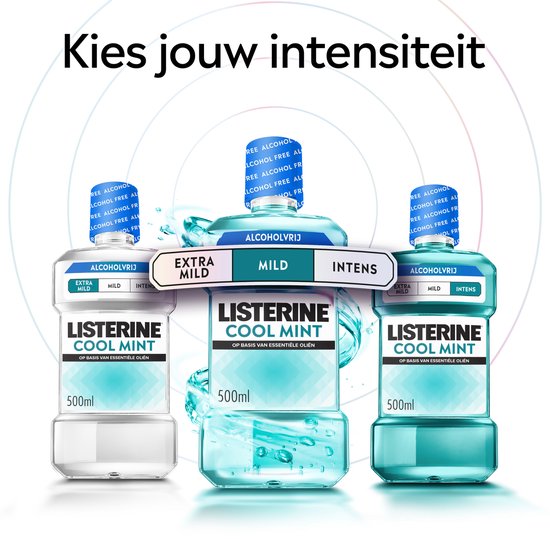 Drie Listerine Cool Mint mondspoelingen: Extra Mild, Mild en Intens, 500 ml.