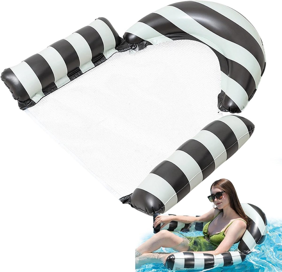 LISM-Zwart-wit gestreepte U-vormige opblaasbare ligstoel van mesh, geschikt voor volwassenen voor gebruik in zomerse zwembaden en op het strand.