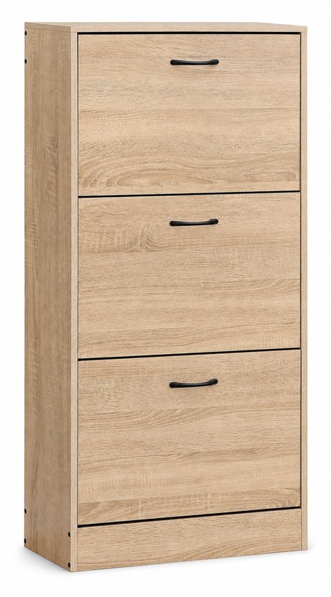 Meuble à chaussures en bois avec 3 portes abattantes.