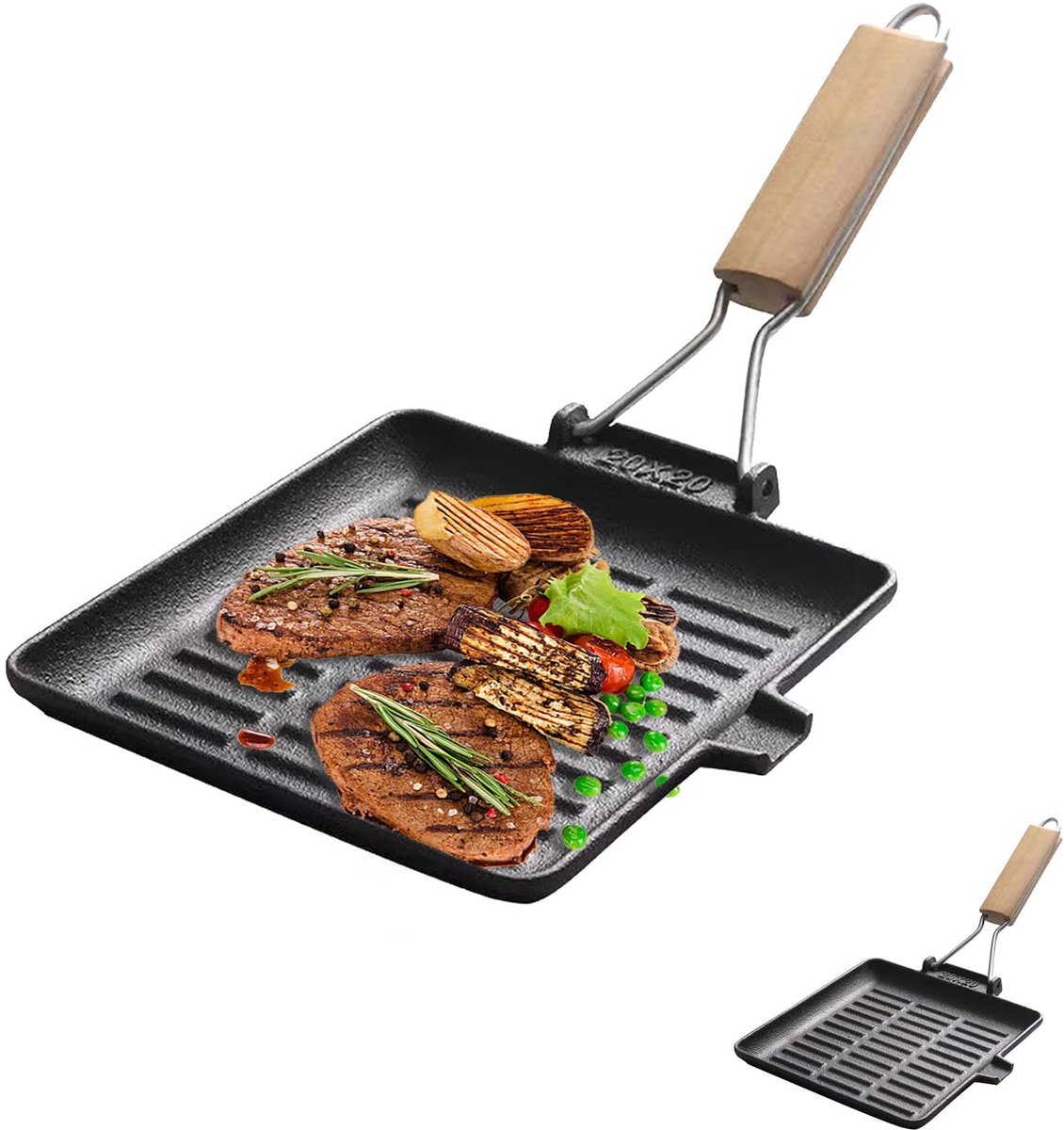 Dailygoods - Steakpan, gietijzer, 20 x 20 cm, grillpan met inklapbaar houten handvat, vierkante grill, pan, inductie, voor alle warmtebronnen, camping, outdoor, keuken, gemakkelijk te reinigen