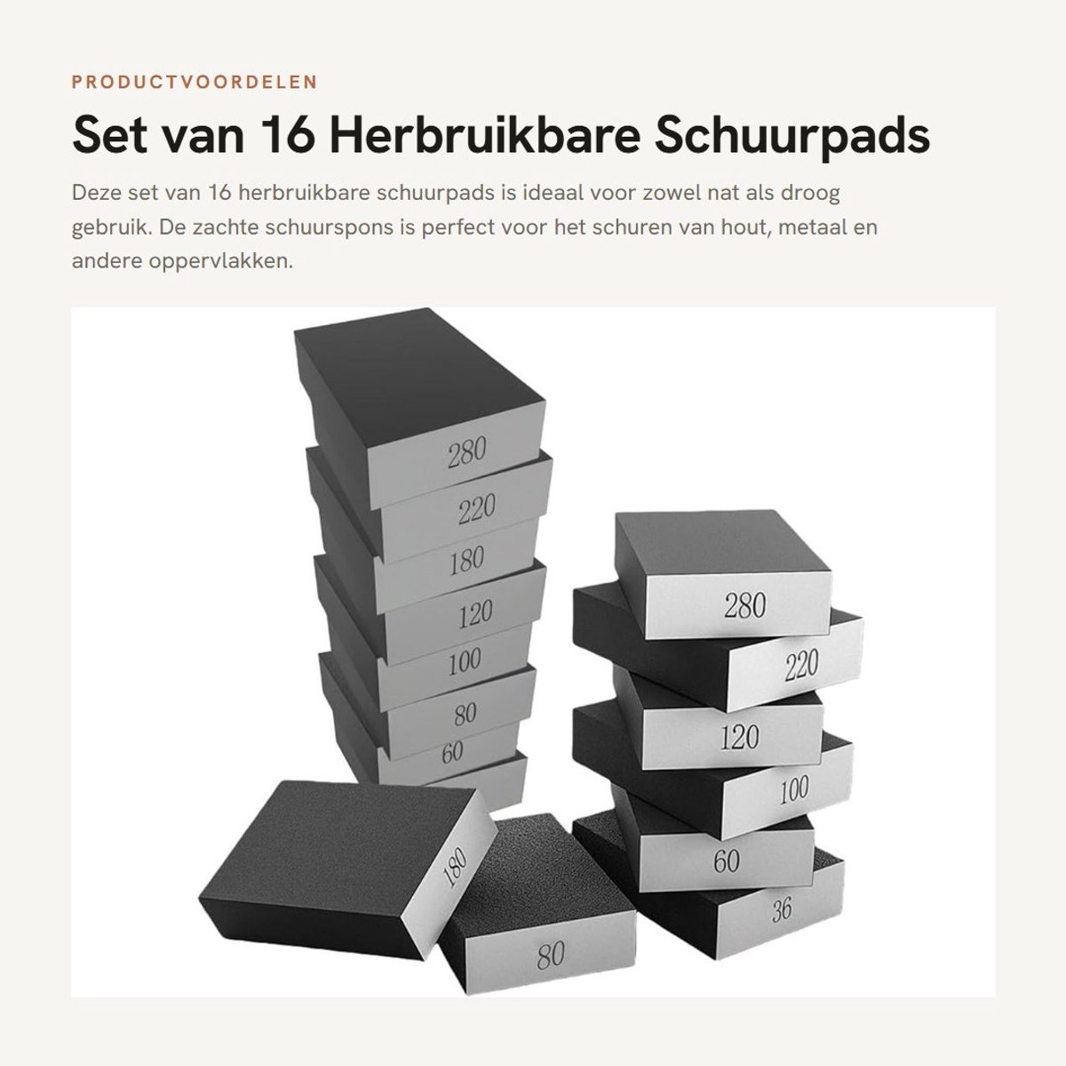 Dailygoods- Schuurspons 16 Stuks - Zachte Schuurspons - Herbruikbare Schuurpads - Korrel 36/60/80/100/120/180/220/280 - Nat/Droog Gebruik - 100 x 75 x 25 mm - Schuurpad