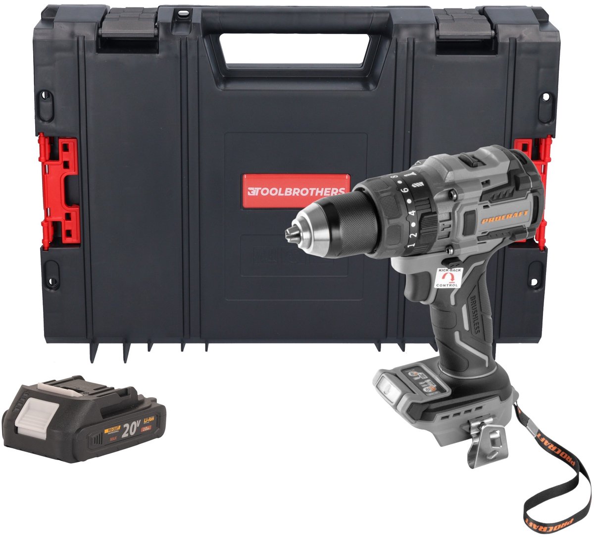 Procraft Industrial CD20B-BB accuboormachine 20 V 150 Nm borstelloos + 1x accu 2,0 Ah + RHINO gereedschapskoffer - zonder oplader