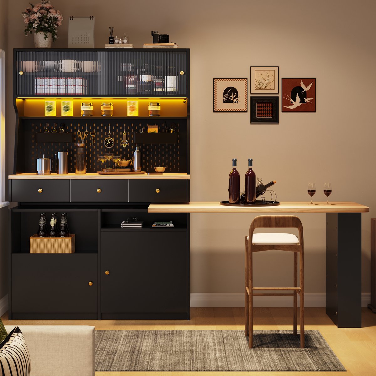 REDOM - Hoge kast met bureau - Geïntegreerd werkblad en opbergruimte - Verstelbare planken en pegboard - LED-verlichting met appbediening - MDF en glas - Zwart - 137 x 74 x 177,7 cm