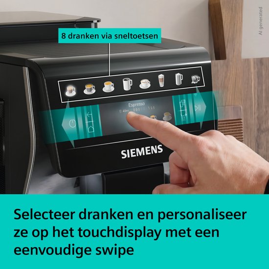 Vinger selecteert 'Espresso' op touchdisplay van Siemens volautomaat espressomachine.