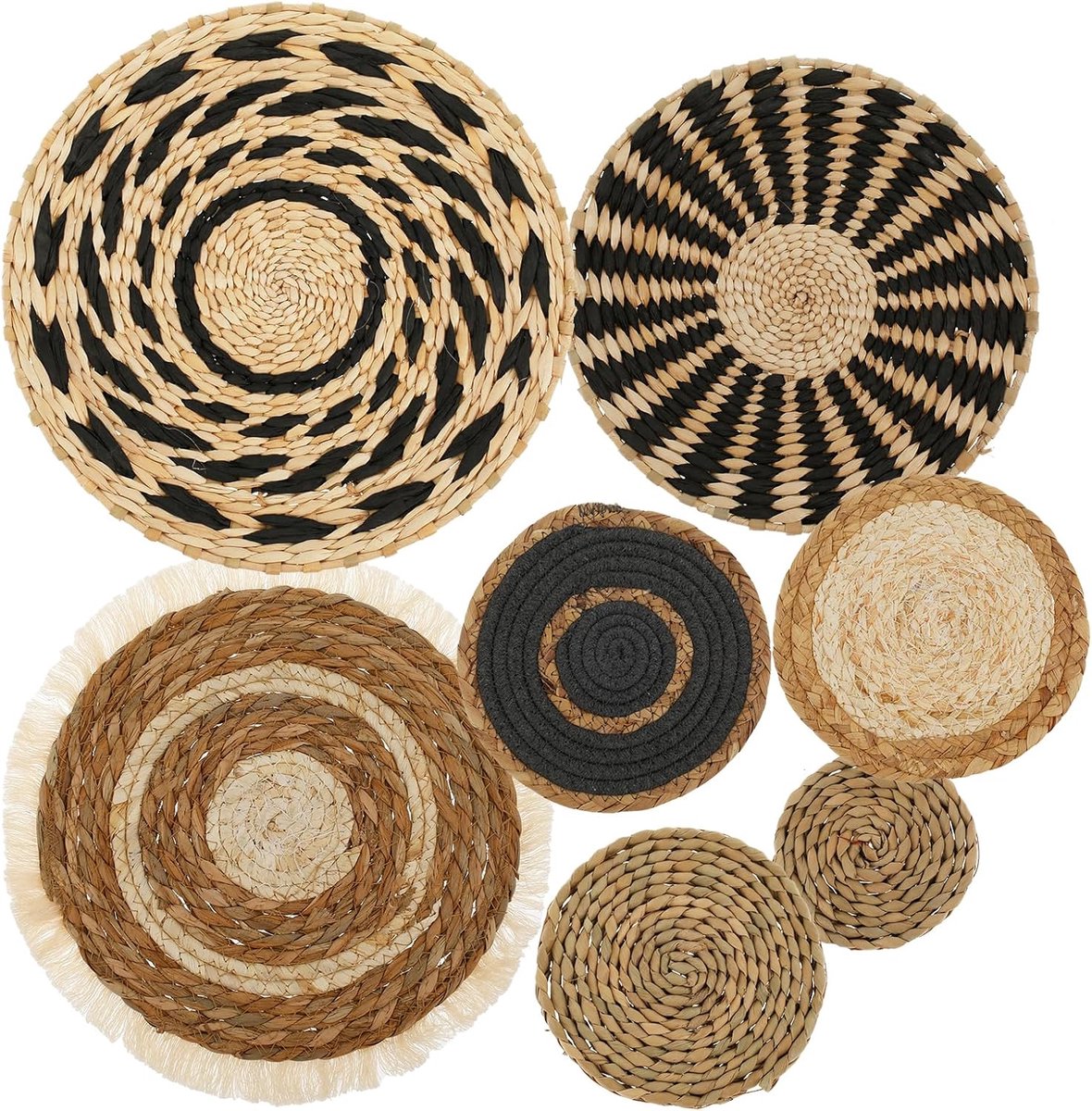 Set van 7 ronde wanddecoratie, Boheems, rustiek, wanddecoratie, woonkamer, bohemien, wanddecoratie, van rotan, riet, wanddecoratie, rond, van hout, voor woonkamer, kantoor, Vhamber, 7 stuks., Bohemien