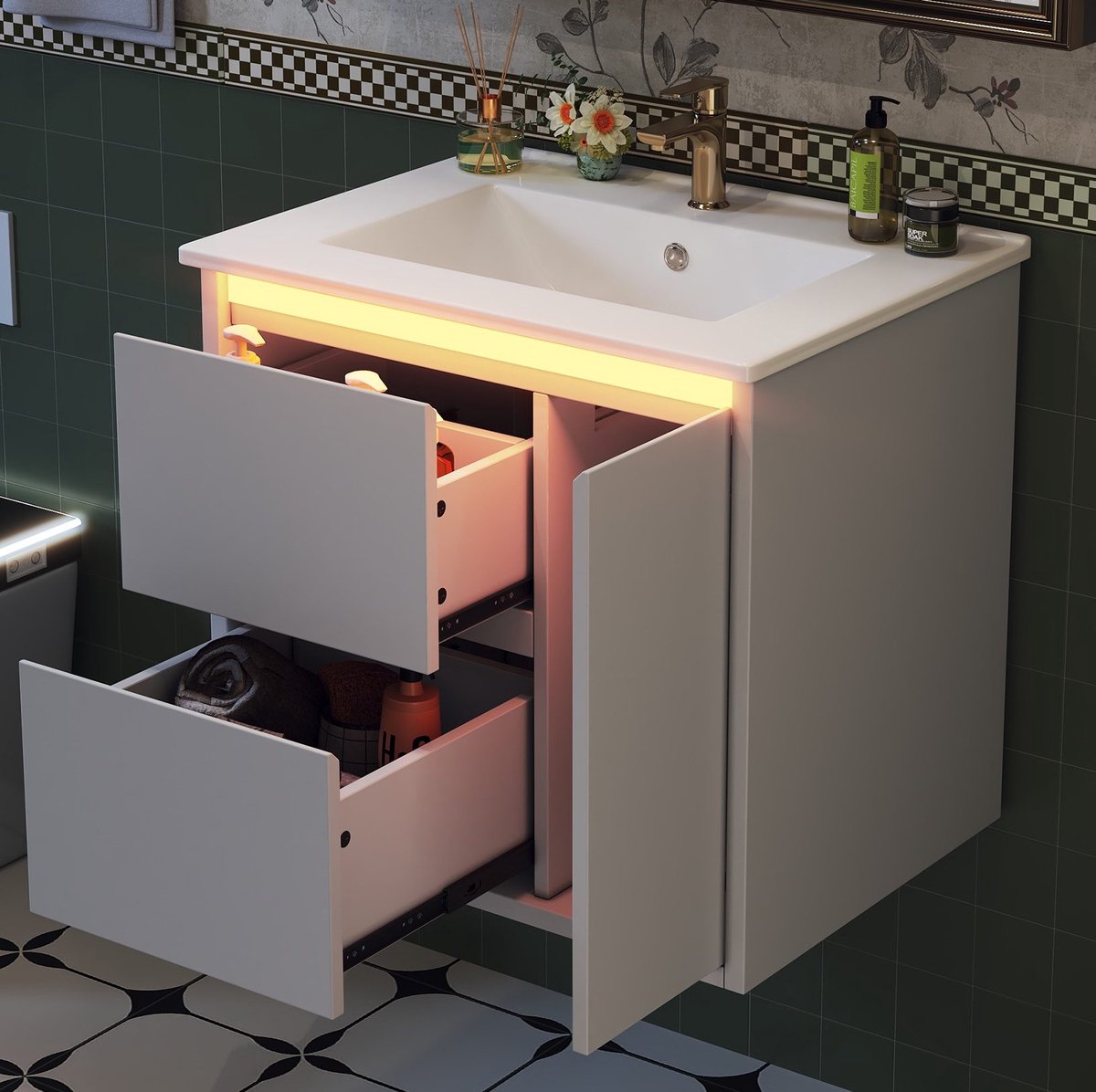 STILVORA Badkamerkast - Wandgemonteerde Wastafelkast Met Led Sensorverlichting En Geïntegreerde Keramische Wastafel - MDF - 61x46,5x57 Cm - Wit