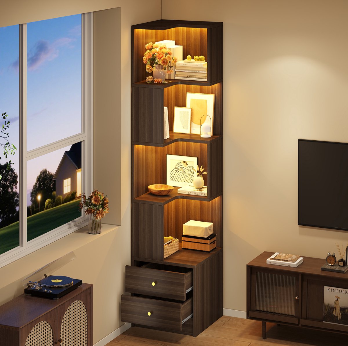 HAUSS SPOLE Boekenkast - L Vormige Hoekkast Met Verlichting En 2 Lades - Voor Woonkamer En Werkkamer - MDF - 45 x 43,5 x 180 cm - Bruin