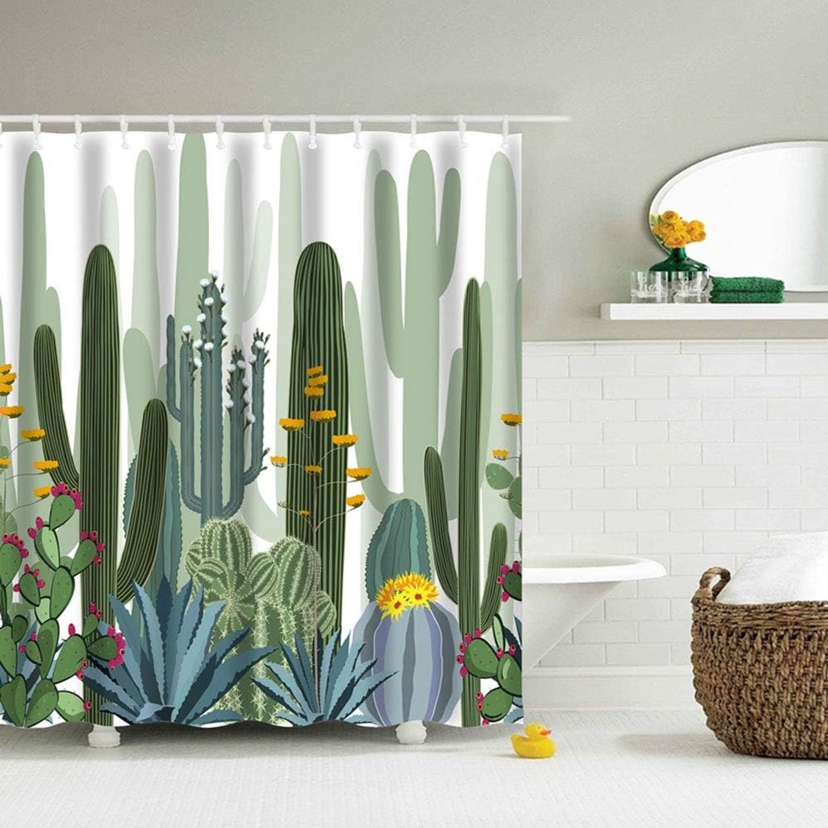 Cactus-douchegordijn voor de badkamer - Tropisch aquarelmotief - Badkamerdecoratie - Douchegordijn 180x180 - Schimmelbestendig en waterafstotend douchegordijn - met 12 douchegordijnringen - 3D-digitale print met een groene plant in levendige kleuren